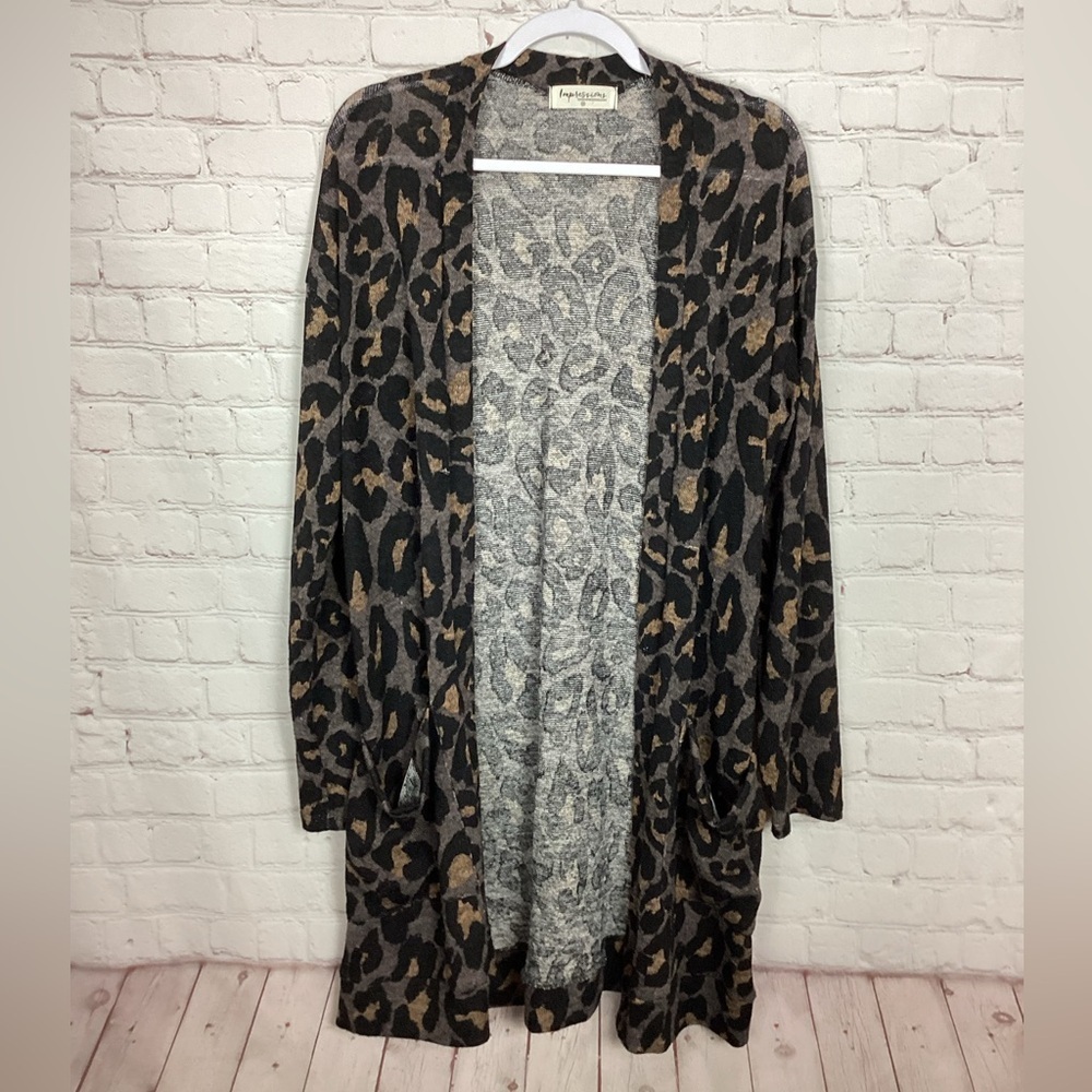Impressions Women's leopard print knit Cardigan Long Sleeve pockets, sz M